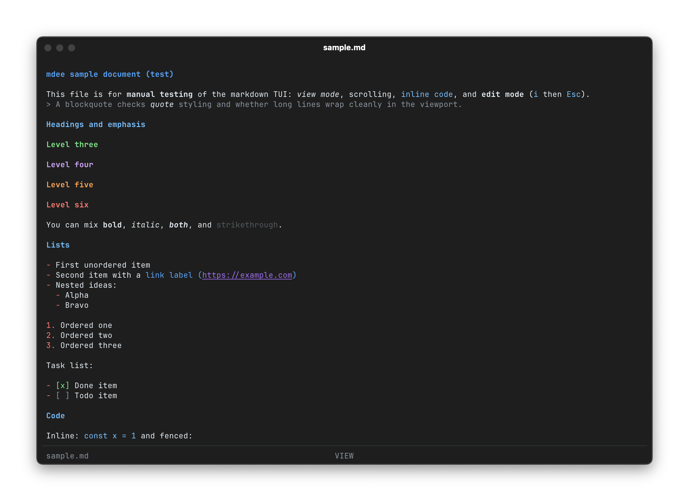 mdee running in the terminal with a markdown file open