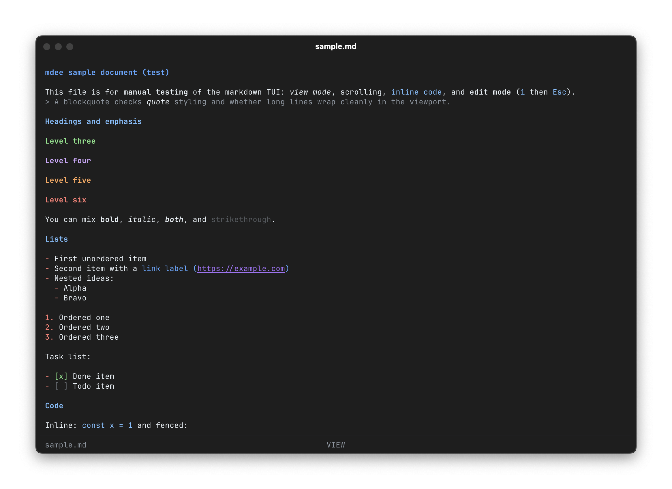 mdee running in the terminal with a markdown file open